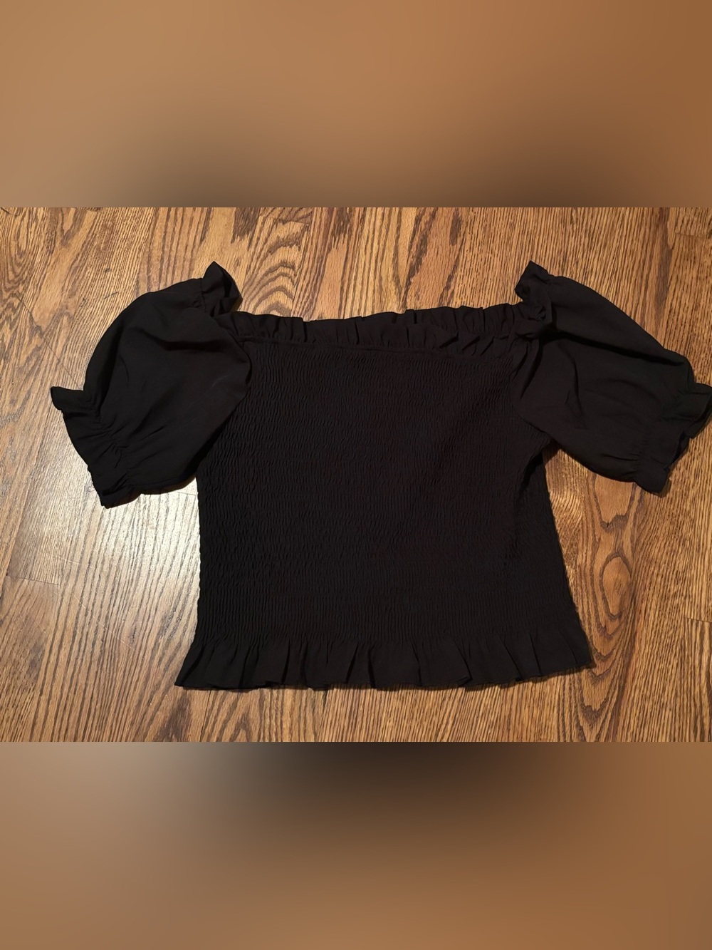 Lyaner Black Smocked Puff Sleeve Off the Shoulder Top XL
